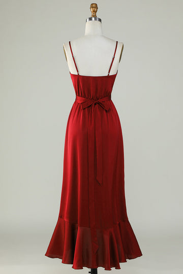 Spaghetti Straps Burgundy Bridesmaid Sukienka z marszczeniami